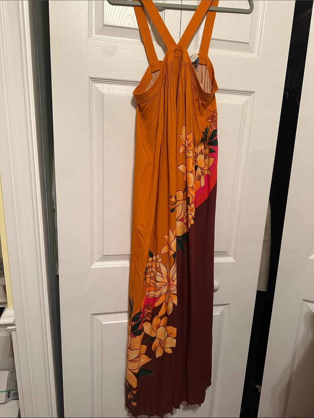 FARM Rio Orange and Brown Floral Maxi Dress with Crossback Straps